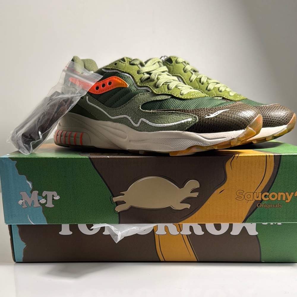 NWT, Box + PVC Tote: Saucony x Maybe Tomorrow ‘Tortoise’ 3D Grid Green Sneakers